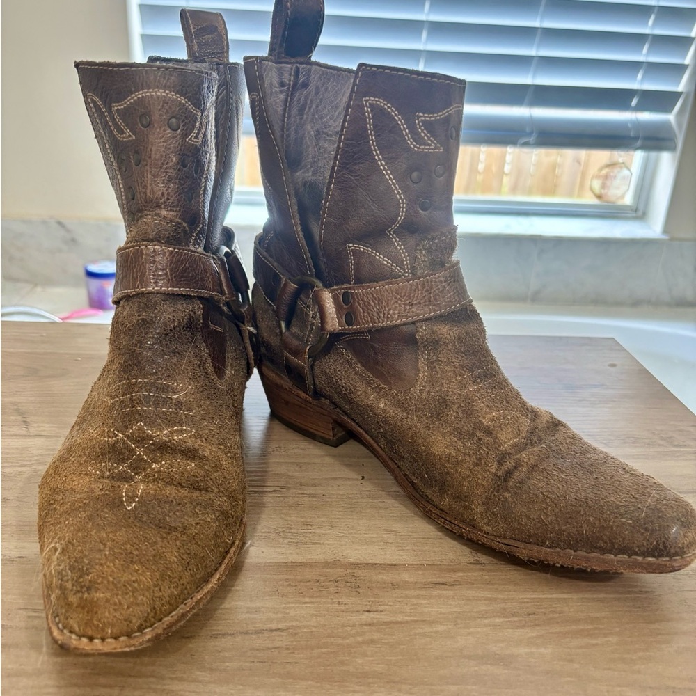 Bed Stu “Canada” Brown Suede & Leather Harness Western Style Ankle Boots - Picture 5 of 16